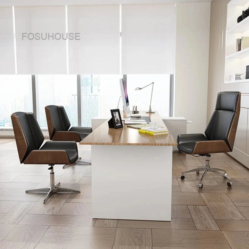 Solid Wood Leather Swivel Office Chair C144