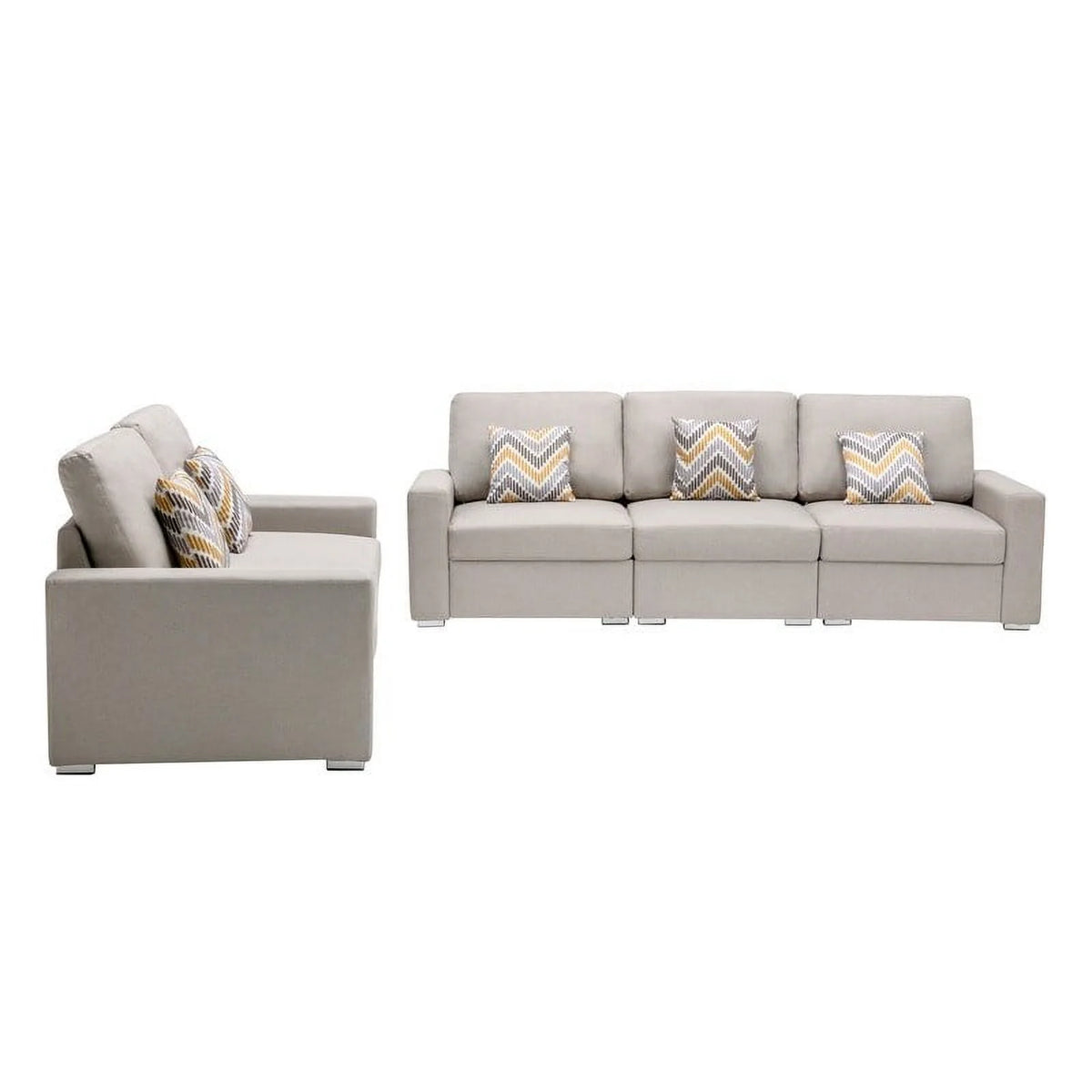 Grey Linen Fabric Sofa and Loveseat Set with Pillows P924