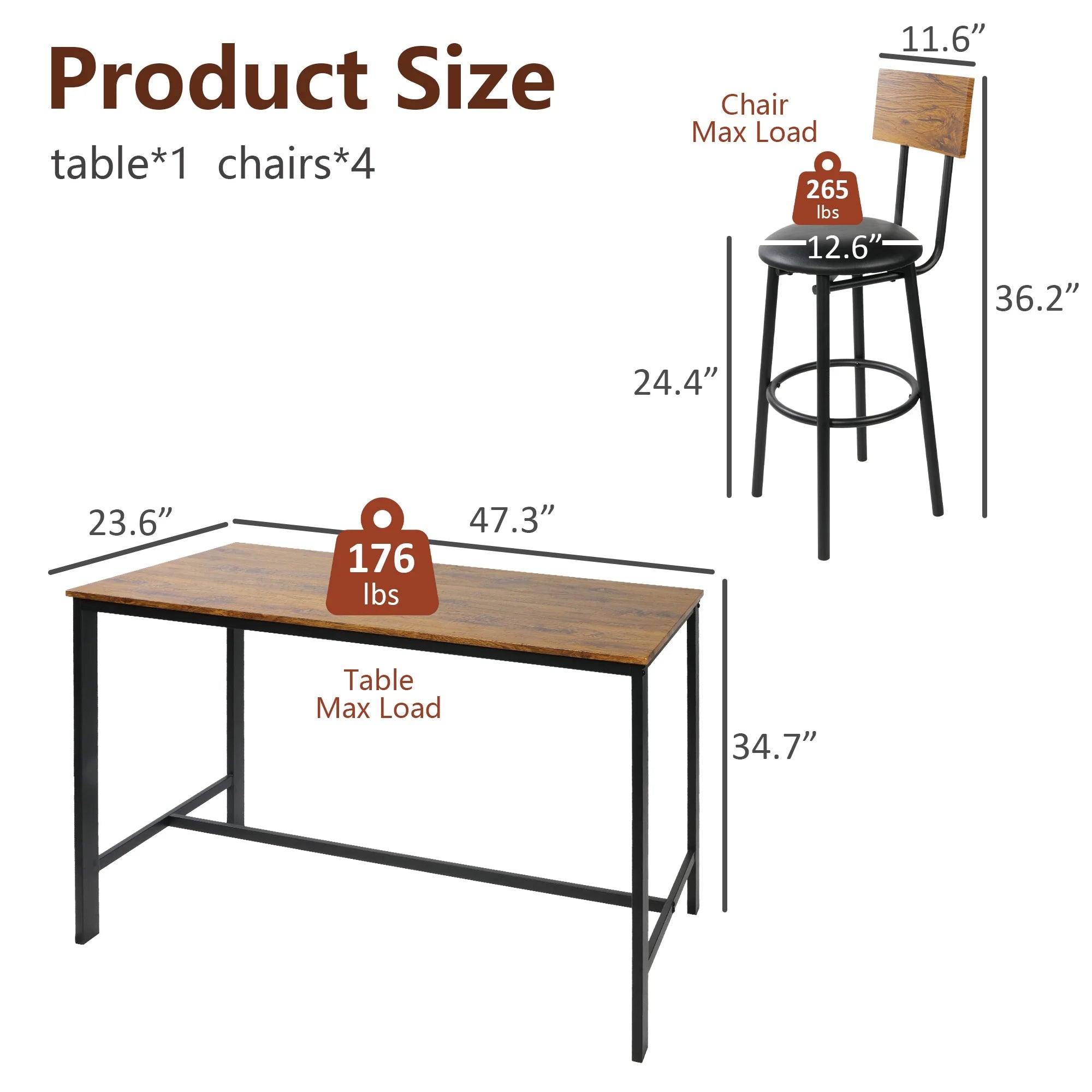 Rustic Brown PU Upholstered Bar Table Set of 4 with 4 Stools D57192