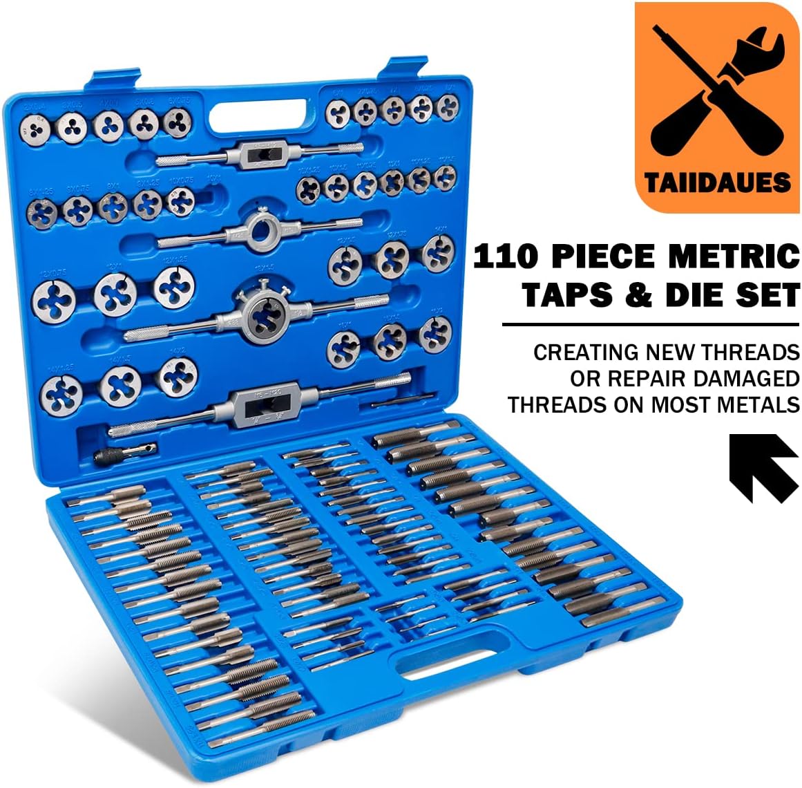 110 Piece Hardened Alloy Steel Metric Tap And Die Threading Tool Set with Storage Case R26232