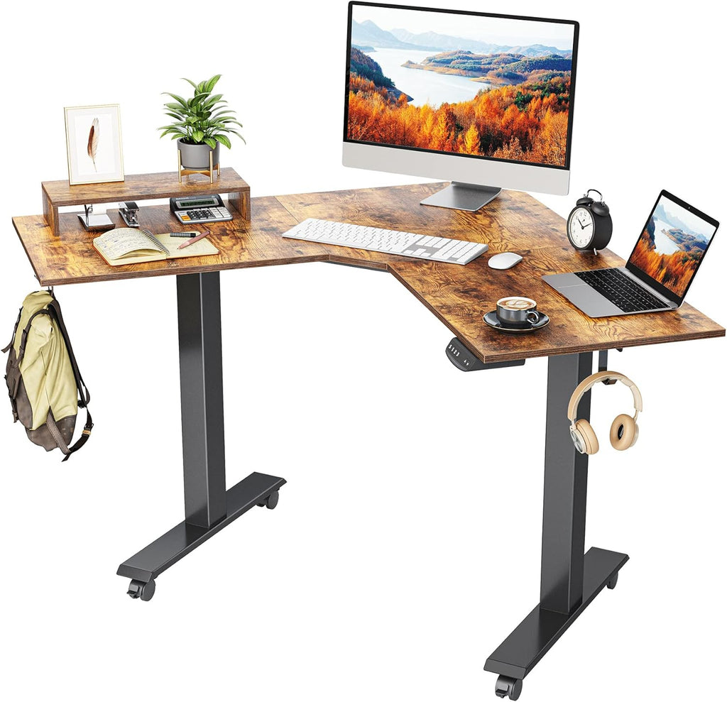 L Shaped Electric Standing Desk with Bamboo Top and Black Frame N40545