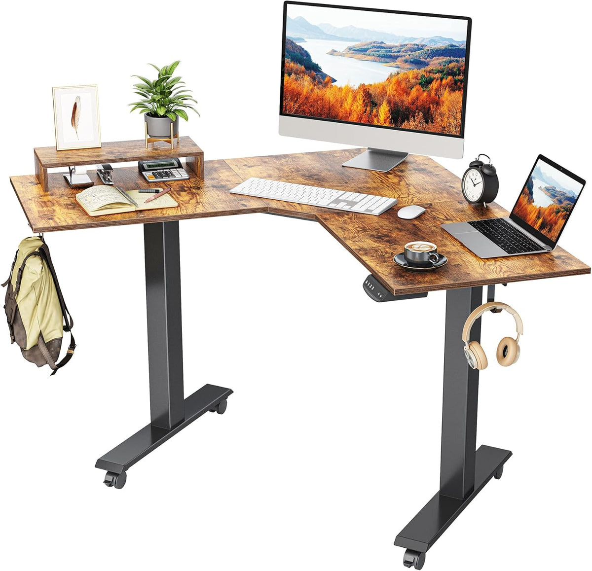 L Shaped Electric Standing Desk with Bamboo Top and Black Frame N40545