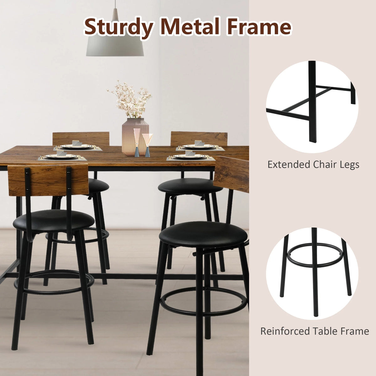 Rustic Brown PU Upholstered Bar Table Set of 4 with 4 Stools D57192