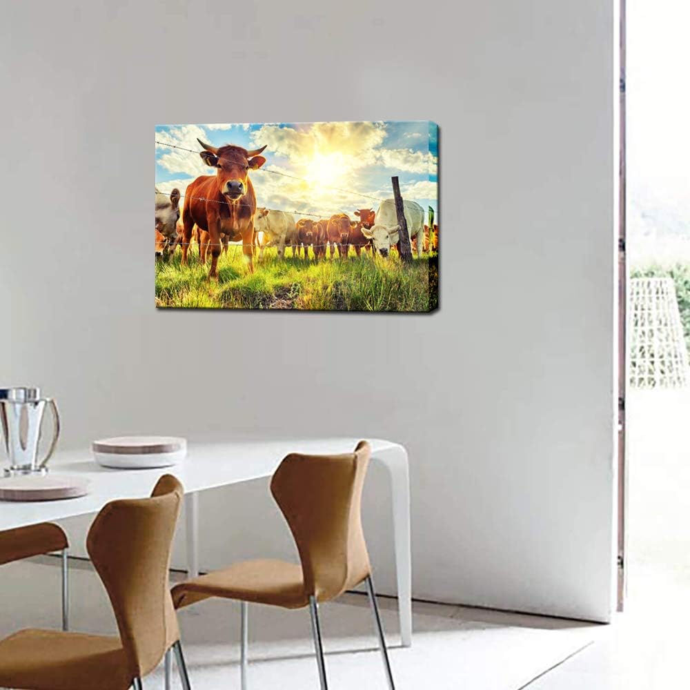 Cow Canvas Wall Art Cattle in Sunrise Farm Painting Prints Animal Picture Contemporary Artwork Ready to Hang T3668