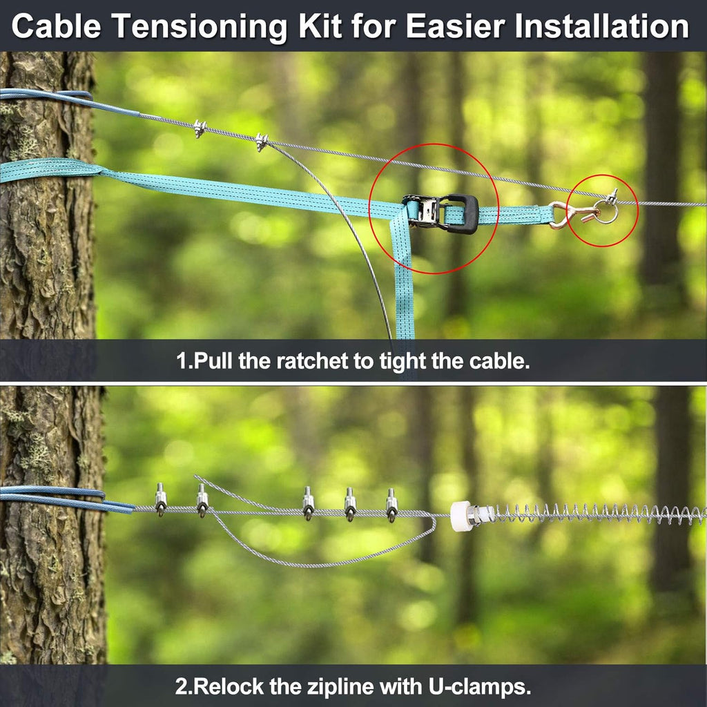 Swing Seat Zipline Kit with Stainless Steel Spring Brake, 120FT Main Cable, 9.8FT Sling Cable, Trolley with Handle, Safety Harness K671
