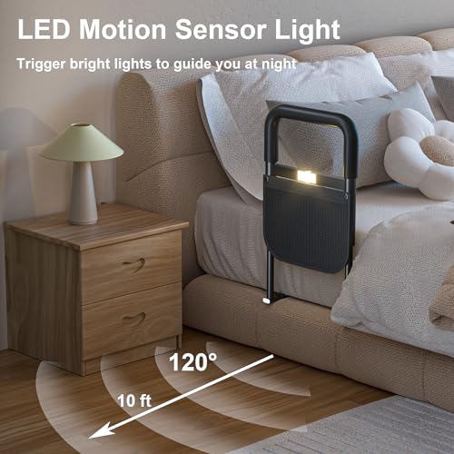 Adjustable Heights Bed Cane with Storage Pocket, Non-Slip Handle, Motion Sensor Light, Bed Handrails Z6938