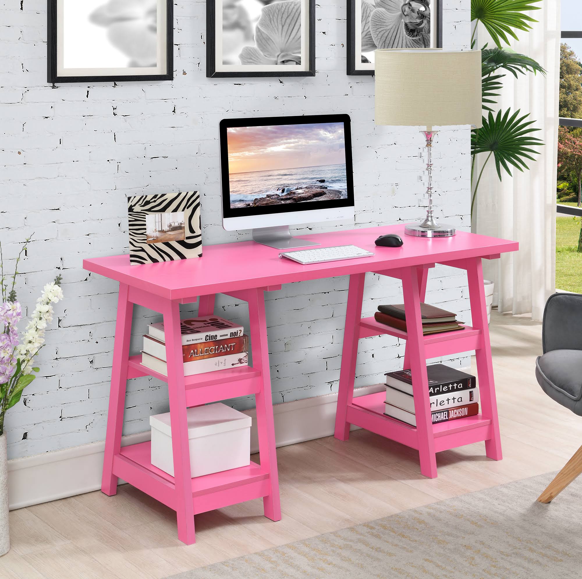 Pink Double Trestle Desk Q96723