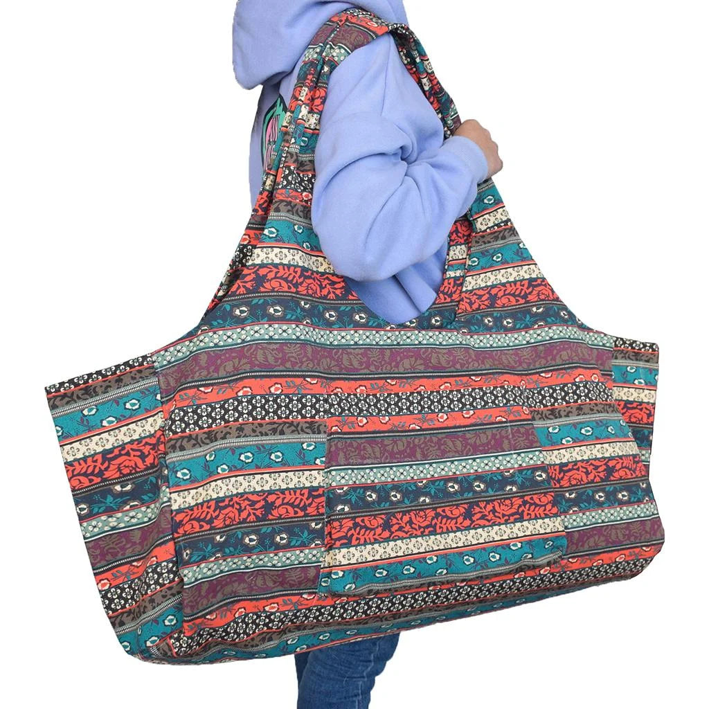 Patterned Canvas Yoga Mat Tote Bag Carrier with Side Pocket U6063