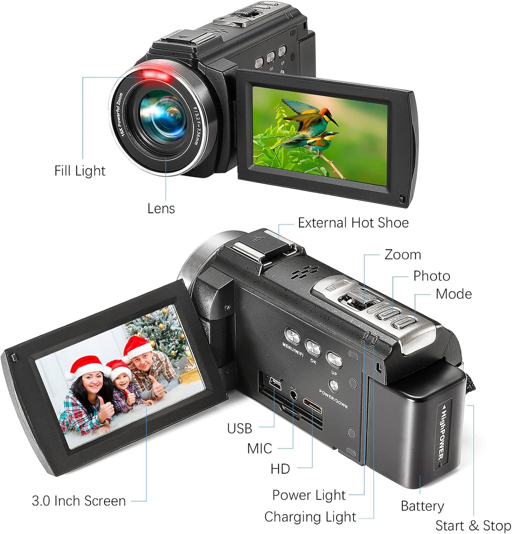 Camcorder 1080P Video Camera 36MP 3.0 Inch IPS Touch Screen IR Night Vision 16X Digital Zoom with External Microphone Handheld Stabilizer Remote Control U6759