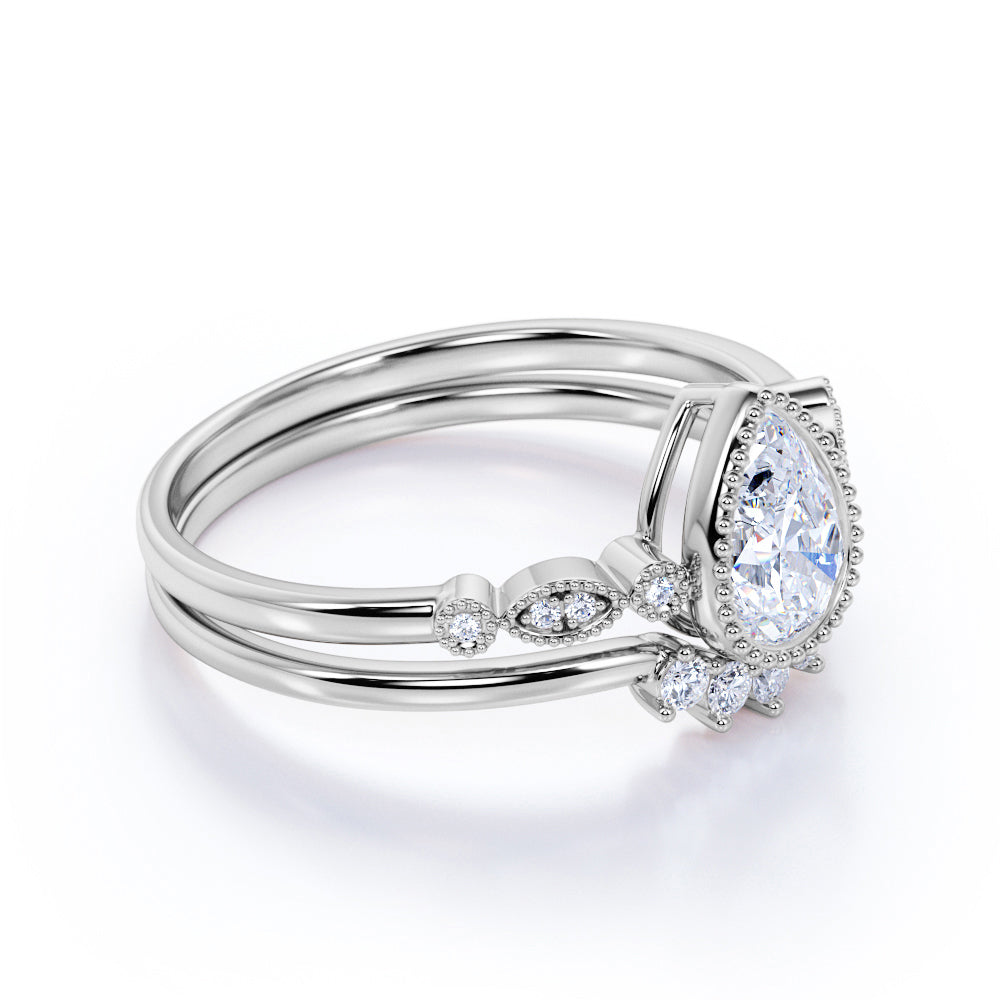 Vintage Pear Shaped Real Diamond Bezel Set Wedding Ring Set in 10k White Gold U829