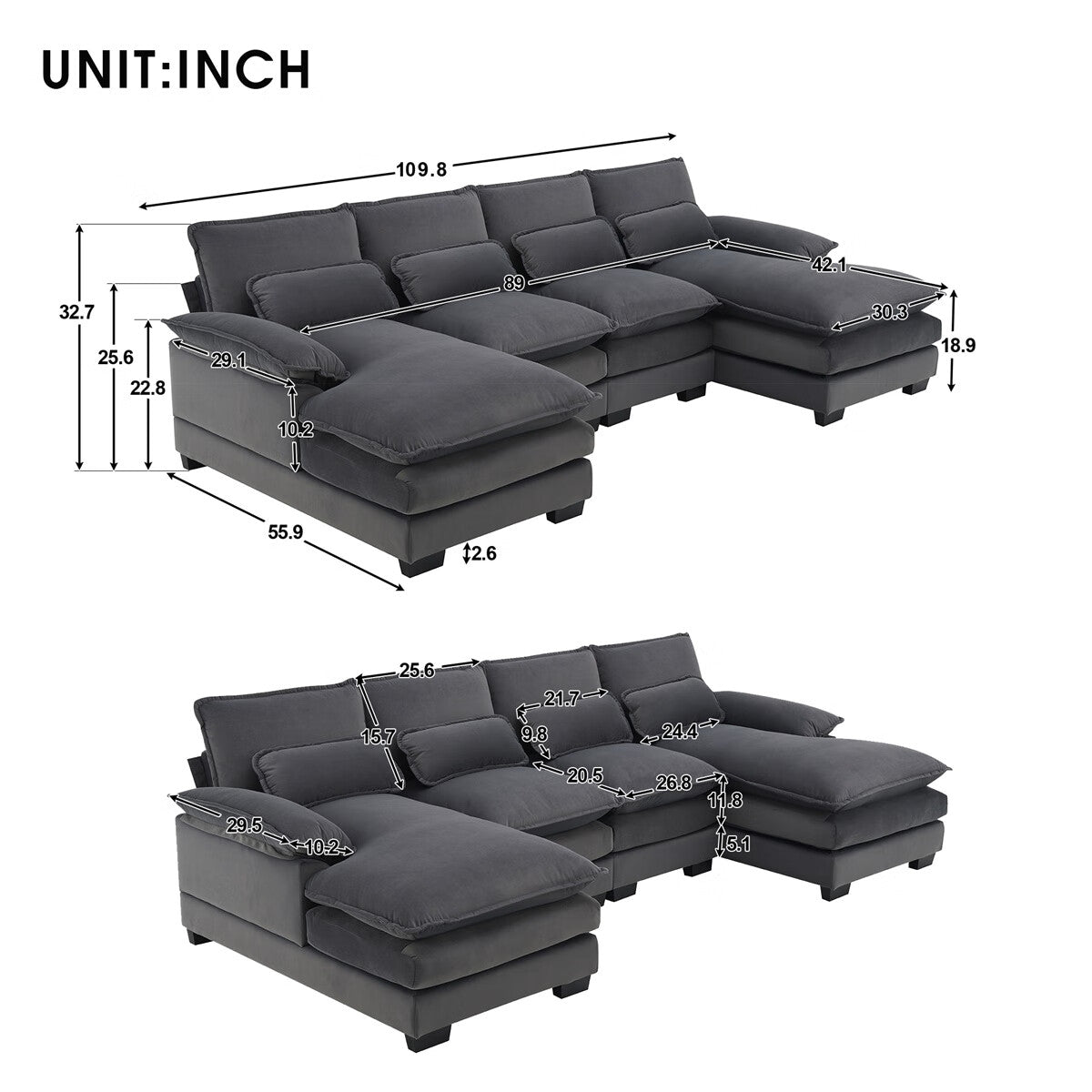 U-shaped Sectional Sofa with Waist Pillows U273