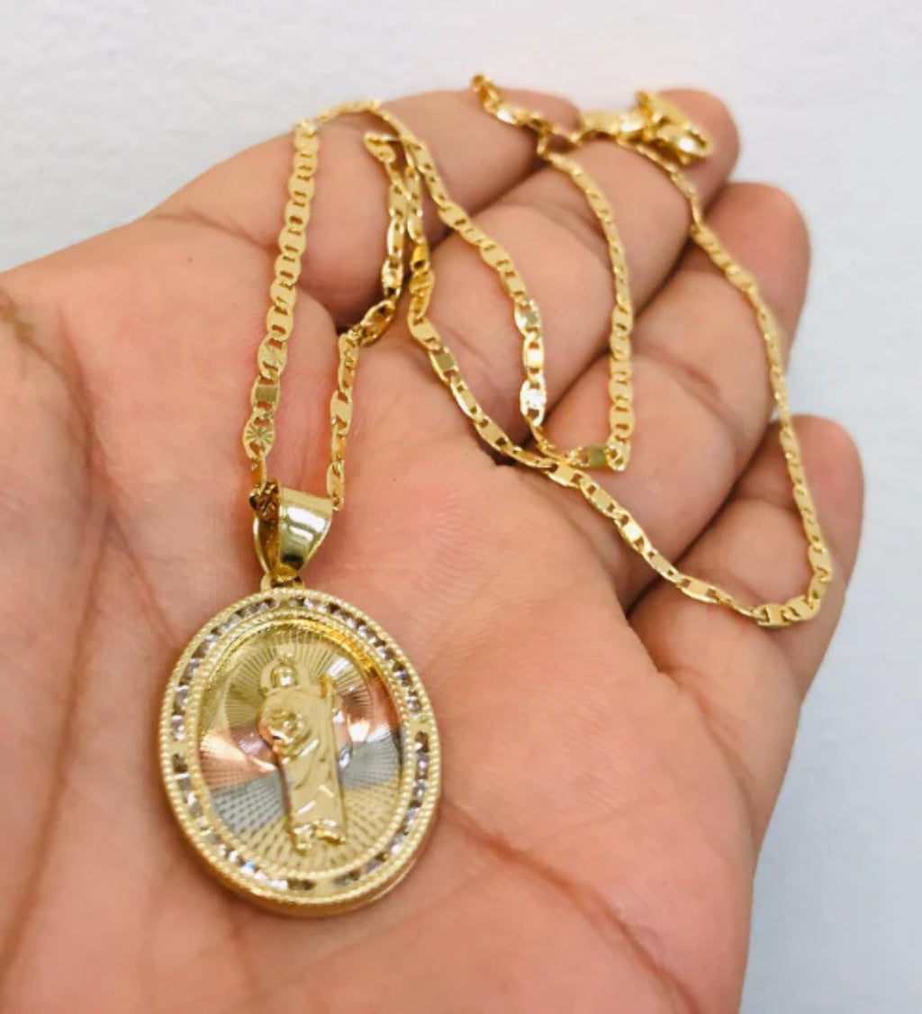 14K Gold Filled San Judas Necklace Tri-Color with CZ Stones 20" 28x20mm A161