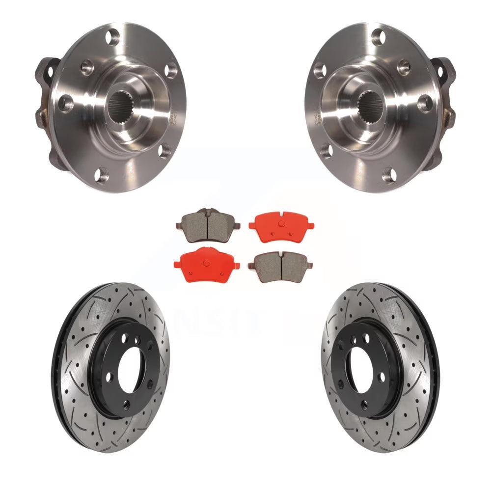 Front Hub Bearing Assembly With Coated Drilled Slotted Disc Brake Rotors And Semi-Metallic Pads Kit M767