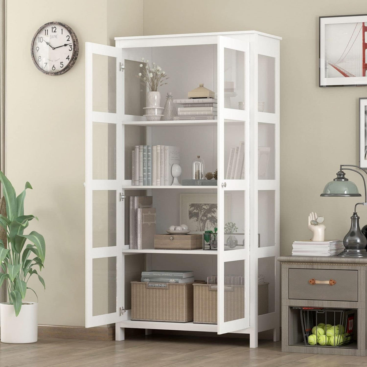Tall Bookcase with Wide Shelves & Glass Doors, White V833