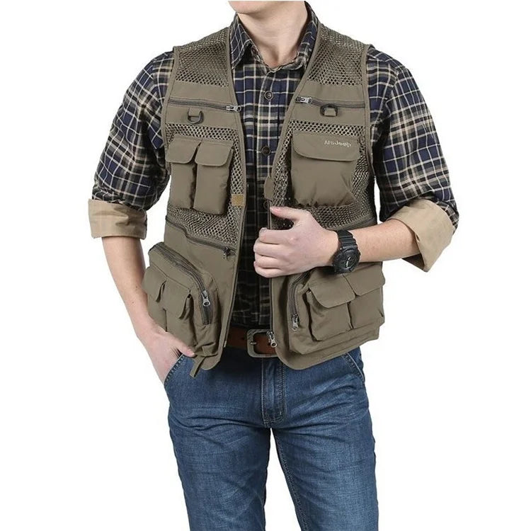 Beige Mesh Fishing Hiking Vest with 16 Pockets I8727