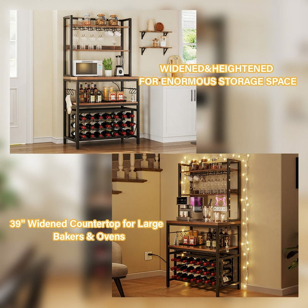 Rustic Brown 4 Tier Coffee Bar Station with Wine Rack and Power Outlet C3751