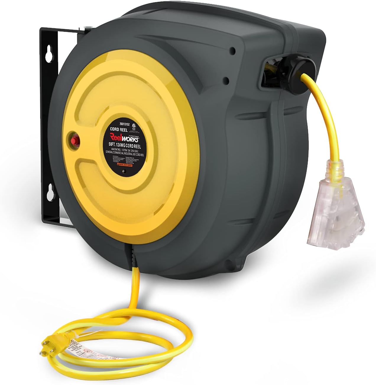Retractable Extension Cord Reel 14AWG x 50' 3C/SJTOW Triple Tap Connector G4729
