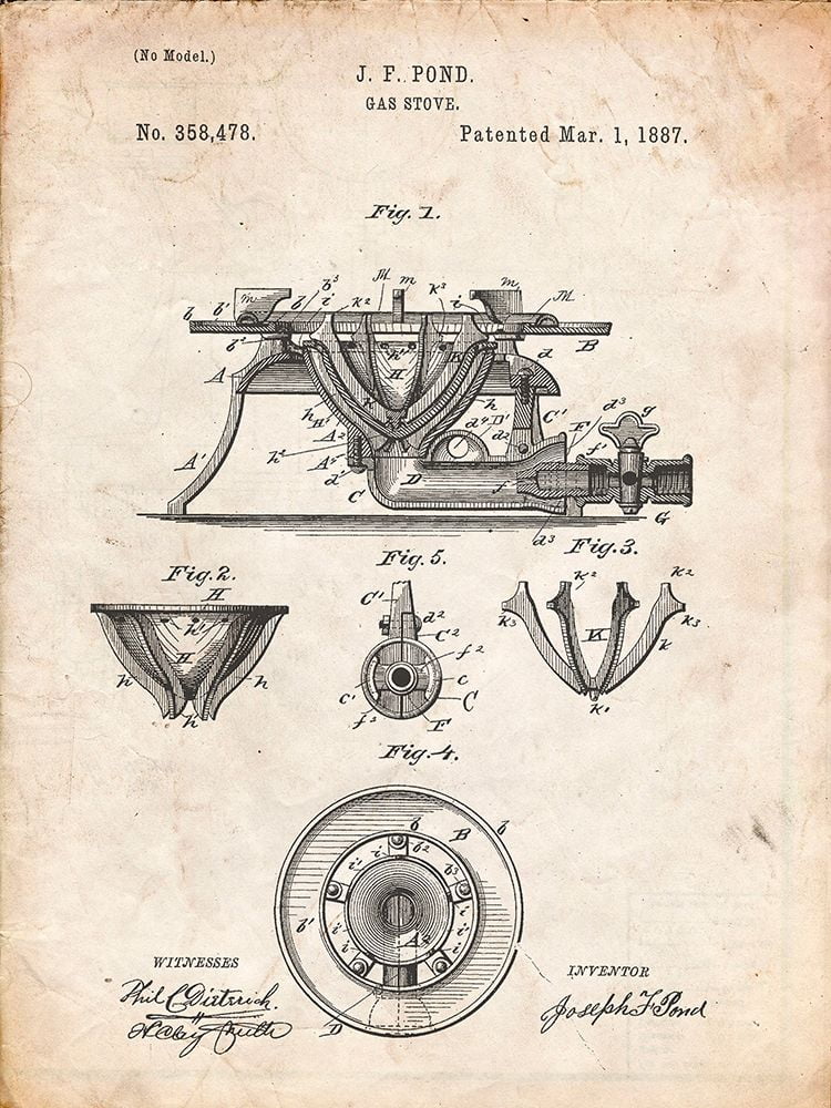 Vintage Parchment Gas Stove Range 1887 Patent Poster M777219