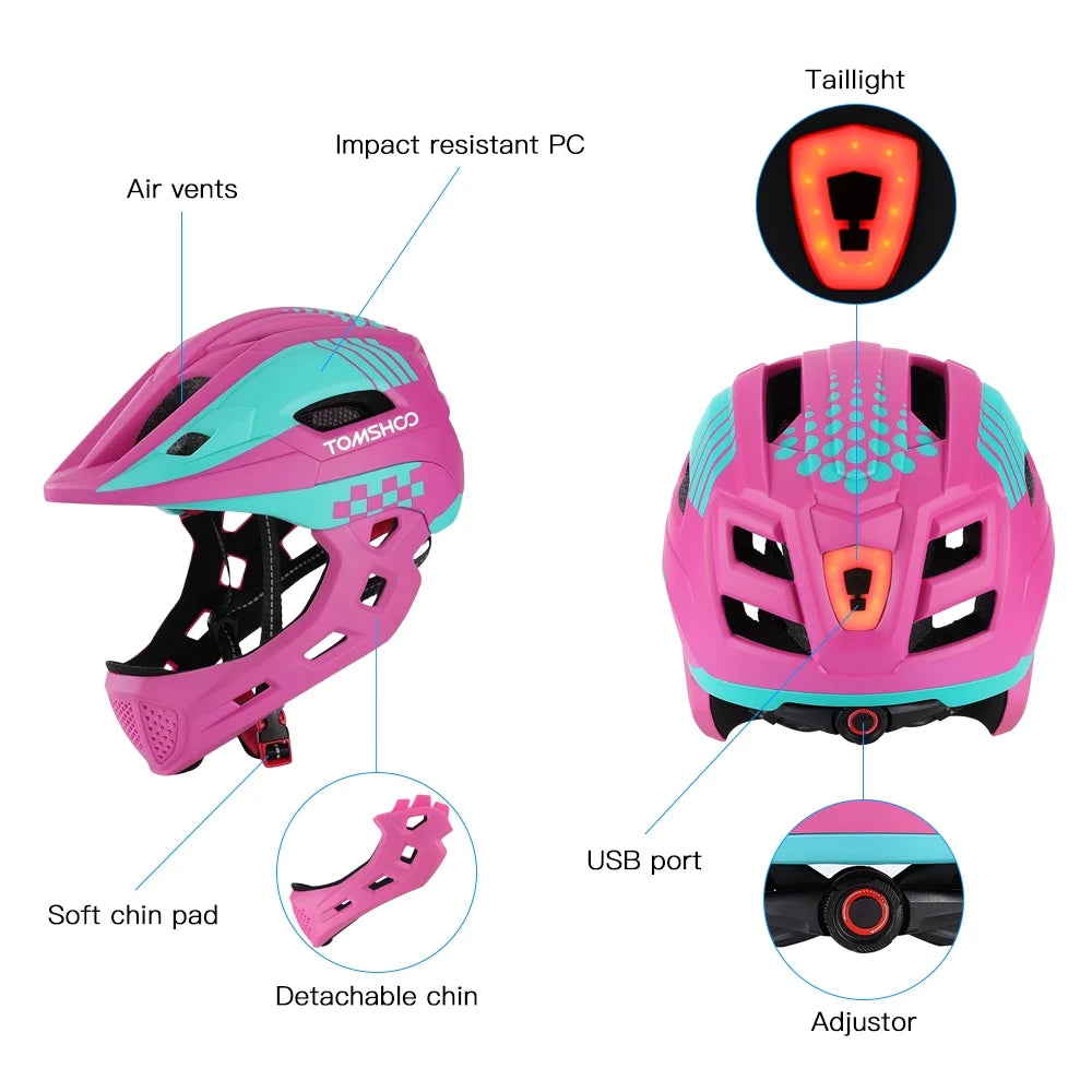 Kid Bike Full Face Helmet with Taillight and Detachable Chin Guard V1932