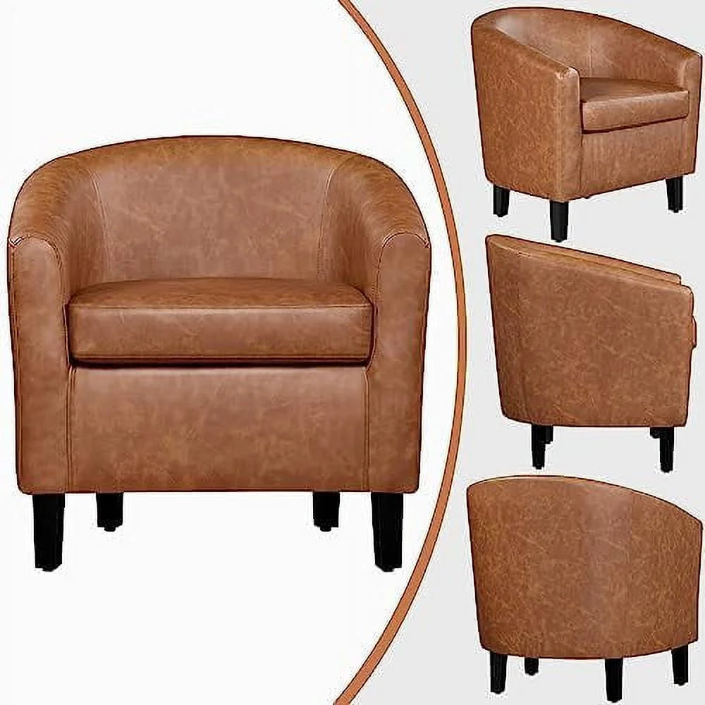 Accent Chair with Ottoman, Faux Leather Barrel Chair with Footrest, Upholstered Club Tub Chair V139010