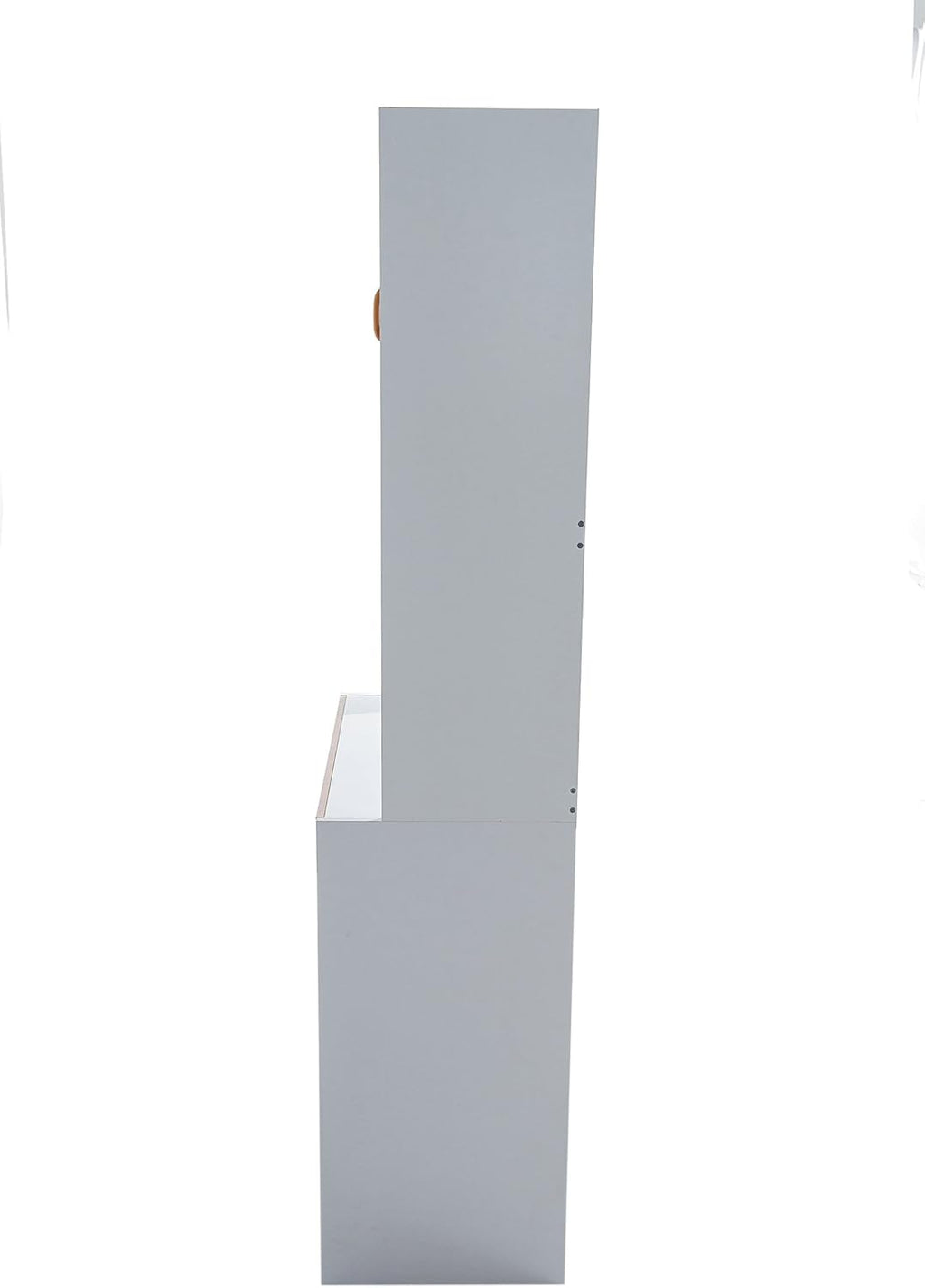 White Tall Kitchen Microwave Cart with Cabinets and Glass Doors J893979