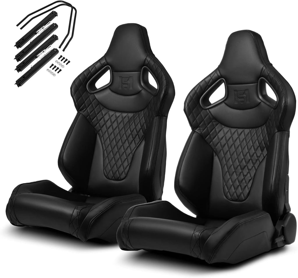 1 Pair Universal Black PVC Sport Racing Seats with Slider V266
