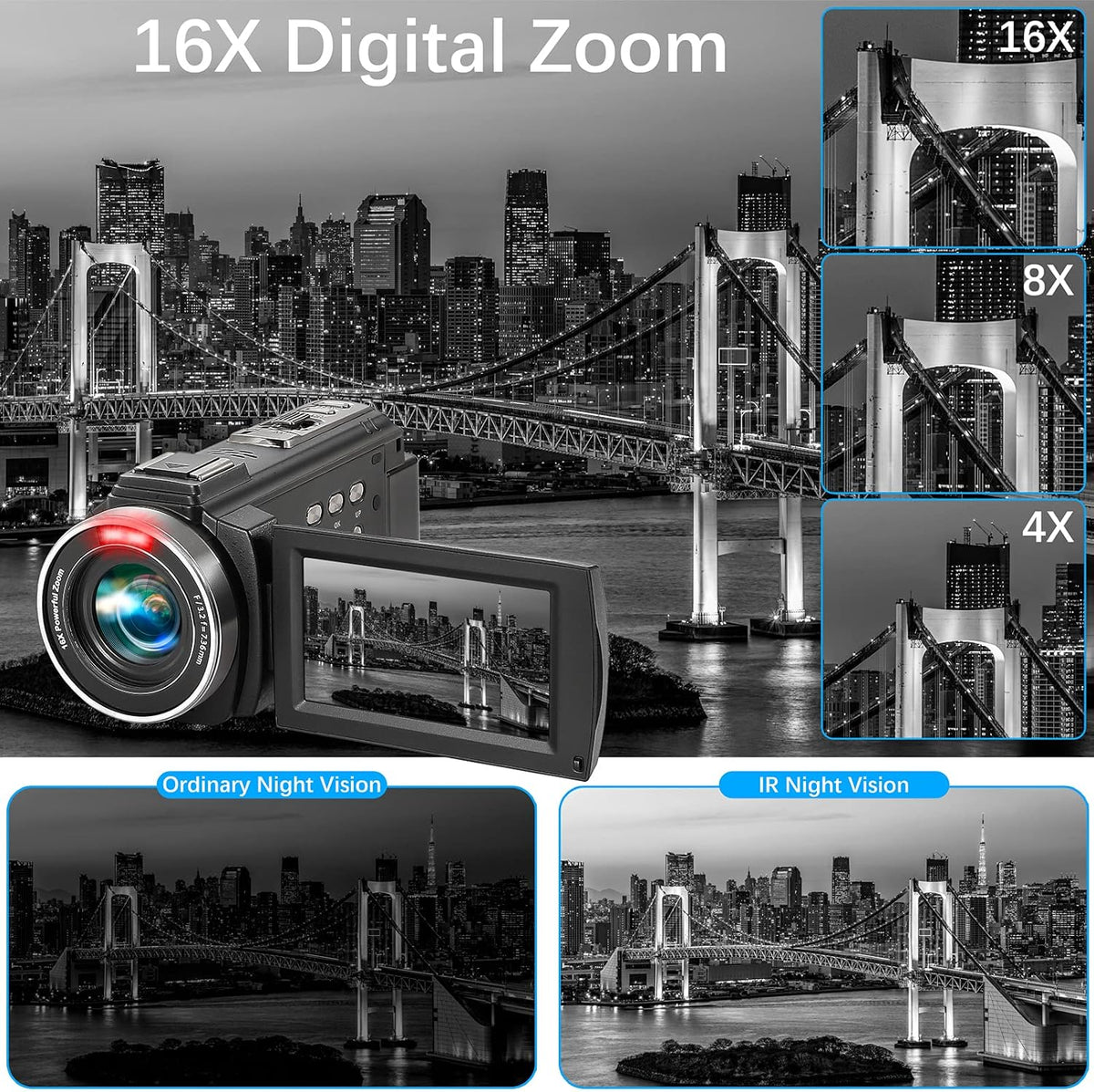 Camcorder 1080P Video Camera 36MP 3.0 Inch IPS Touch Screen IR Night Vision 16X Digital Zoom with External Microphone Handheld Stabilizer Remote Control U6759