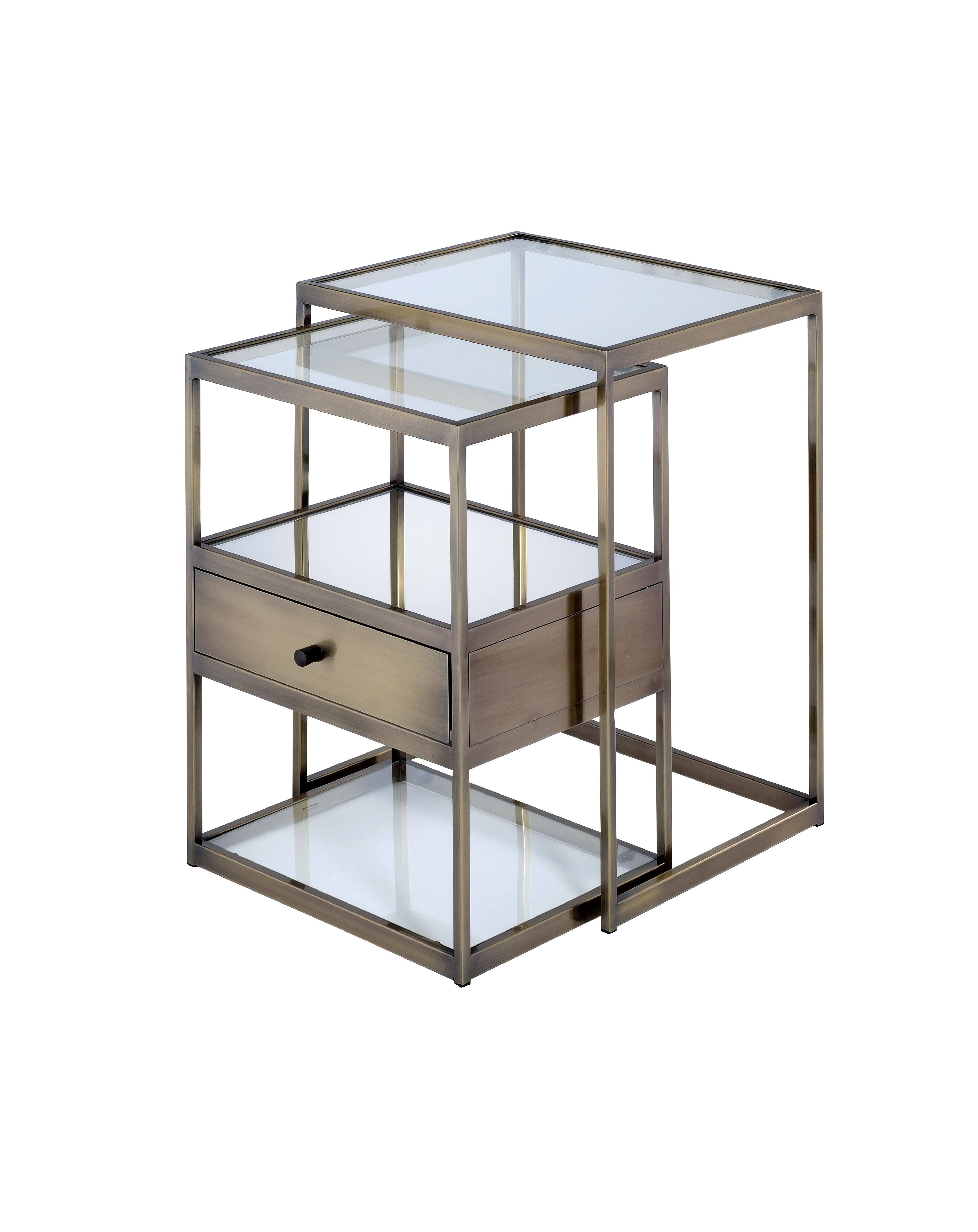 2 Piece Nesting Tables Set Antique Brass Clear Glass O785044