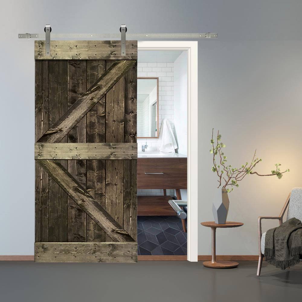 Solid Espresso Stained Knotty Pine Wood Interior Sliding Barn Door with Hardware Kit K77227