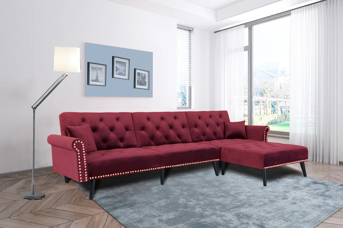 Convertible Sectional Sofa Bed, Velvet L-Shaped 3-Seat Couch Sleeper W411392