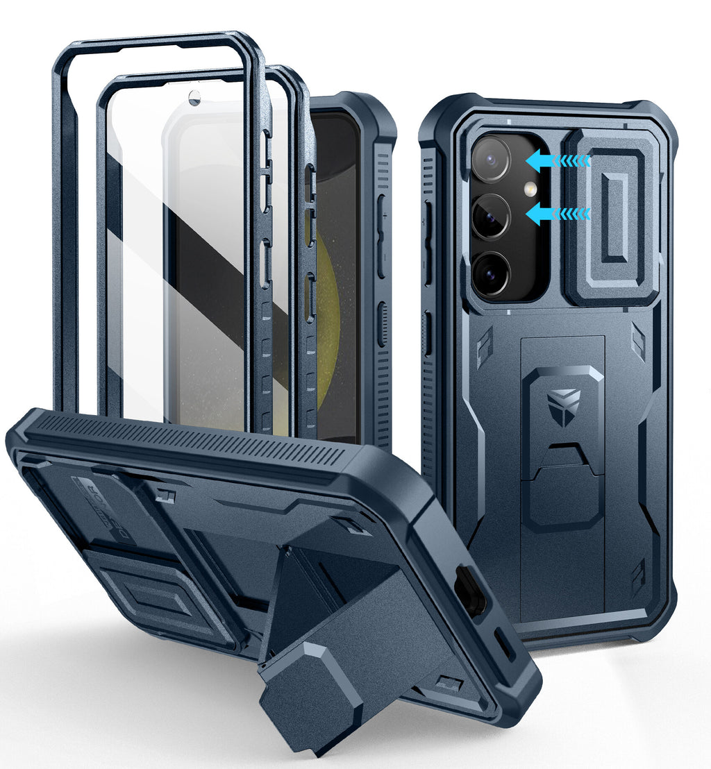 Blue Heavy-Duty Shockproof Rugged Case with Slide Camera Cover, Screen Protector & Kickstand O666