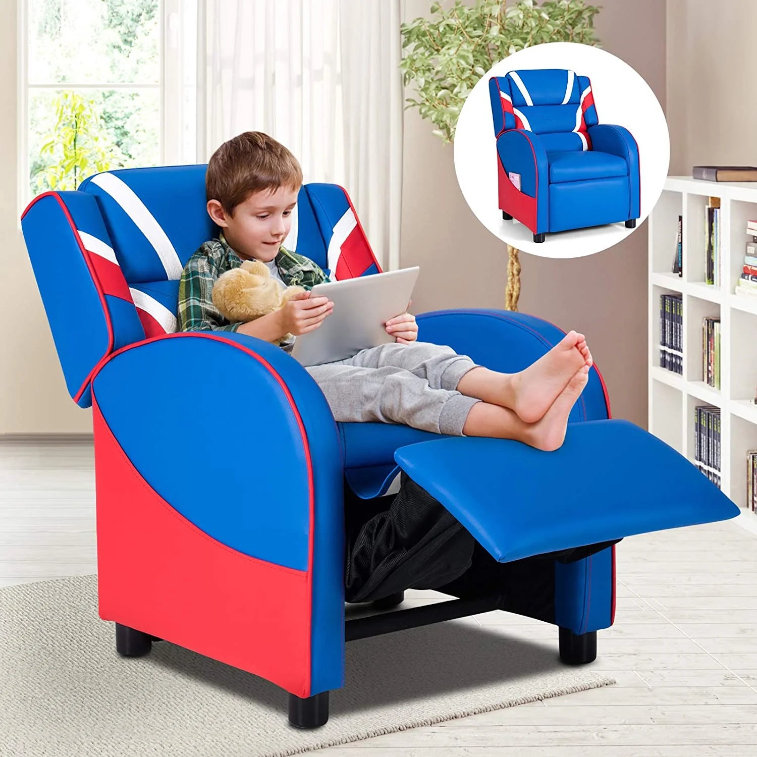 Blue Ergonomic Leather Recliner Chair with Footrest L47564