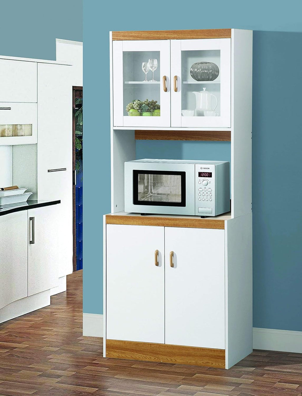 White Tall Kitchen Microwave Cart with Cabinets and Glass Doors J893979