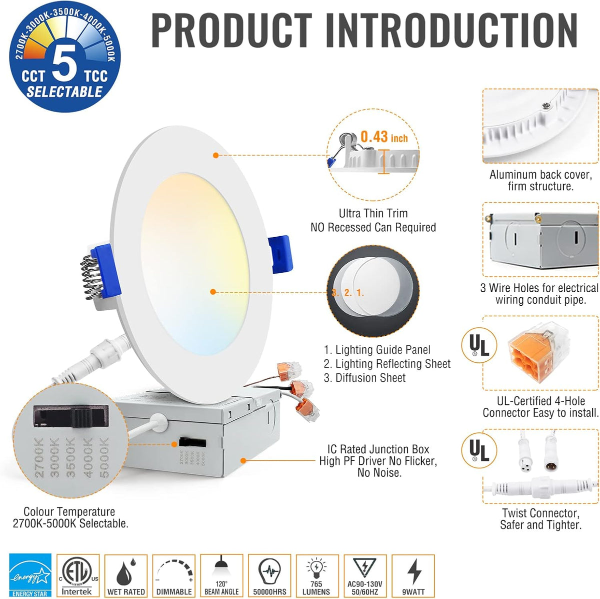 12 Pack 4 Inch 5CCT Dimmable LED Recessed Light with Junction Box L672