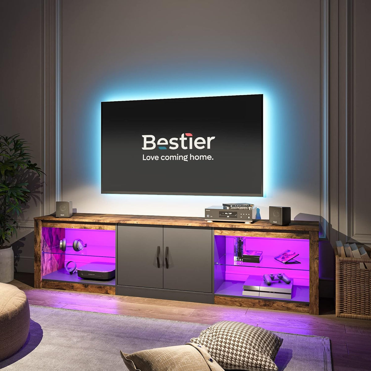 TV Stand with Storage Cabinets and Glass Shelf D530095