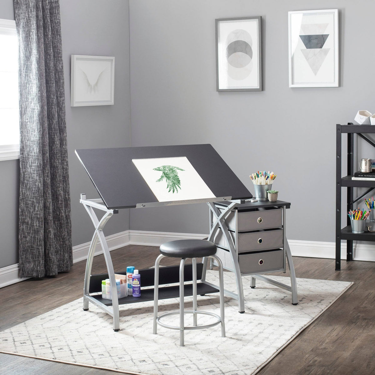 Black and White Drawing Table with Stool Q2578