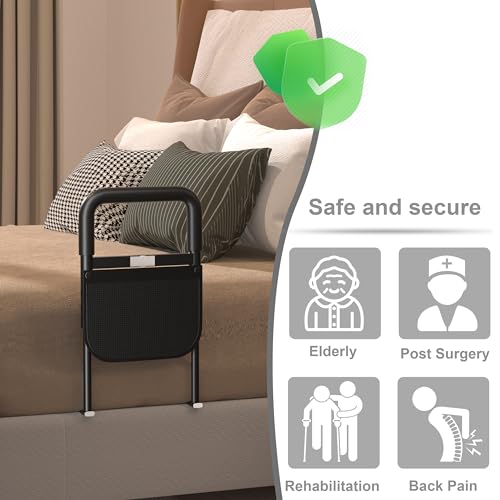 Adjustable Heights Bed Cane with Storage Pocket, Non-Slip Handle, Motion Sensor Light, Bed Handrails Z6938