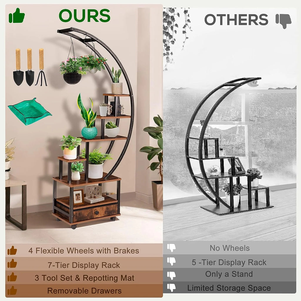 7-Tier Half Moon Plant Stand with Lockable Wheels, 71" Tall Plant Shelf with Drawer, 2 pieces Q191