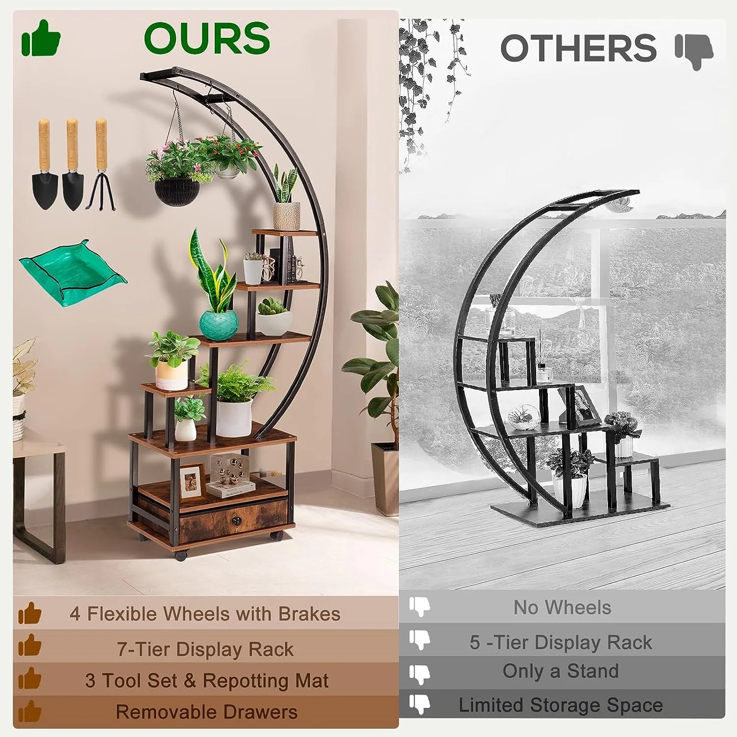 7-Tier Half Moon Plant Stand with Lockable Wheels, 71" Tall Plant Shelf with Drawer, 2 pieces Q191