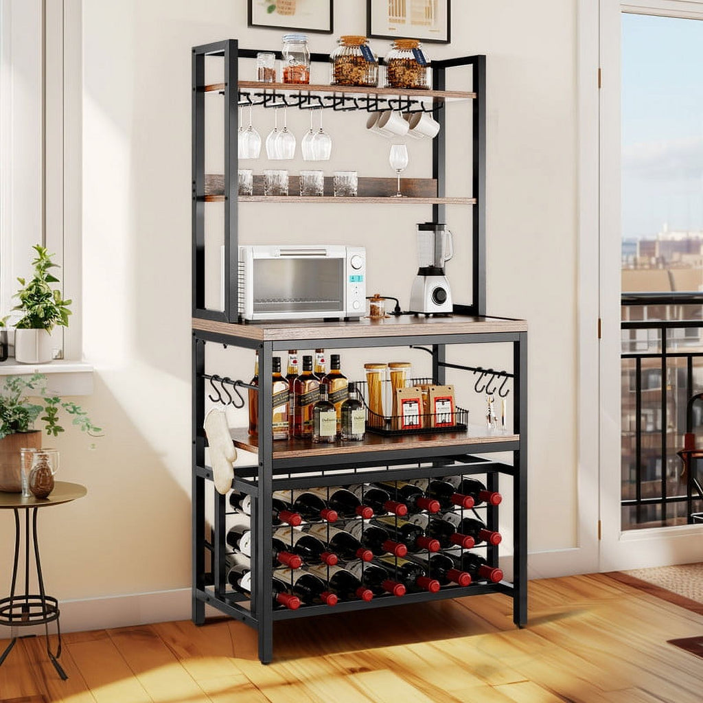 Rustic Brown 4 Tier Coffee Bar Station with Wine Rack and Power Outlet C3751