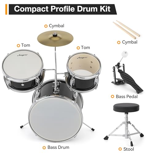3 Piece Junior Drum Set with Cymbal, Tom, Bass Drum, Drumsticks, Bass Pedal and Drum Stool, Black S804792