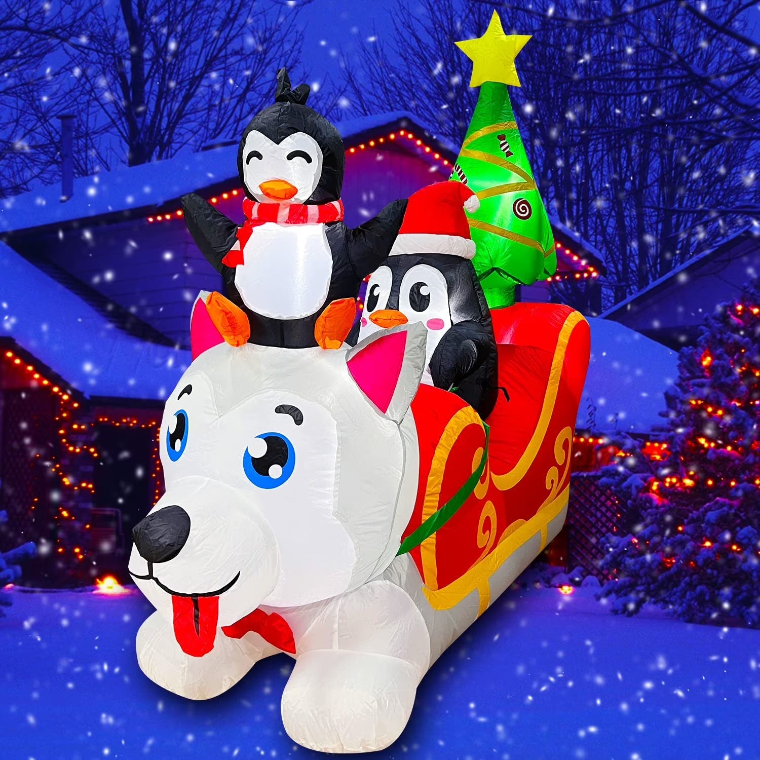 Inflatable Christmas Dog Sledding Decoration with Penguin and Christmas Tree, 5FT Y841