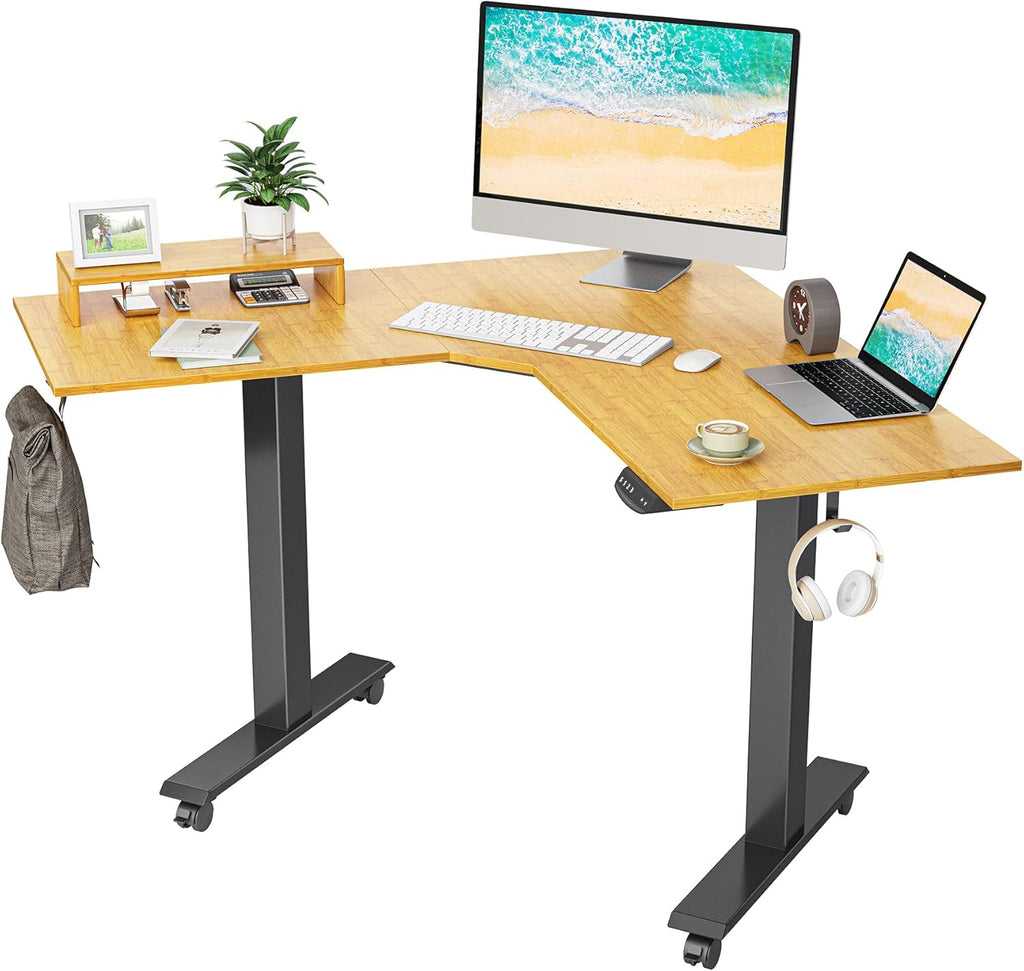 L Shaped Electric Standing Desk with Bamboo Top and Black Frame N40545