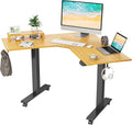 L Shaped Electric Standing Desk with Bamboo Top and Black Frame N40545