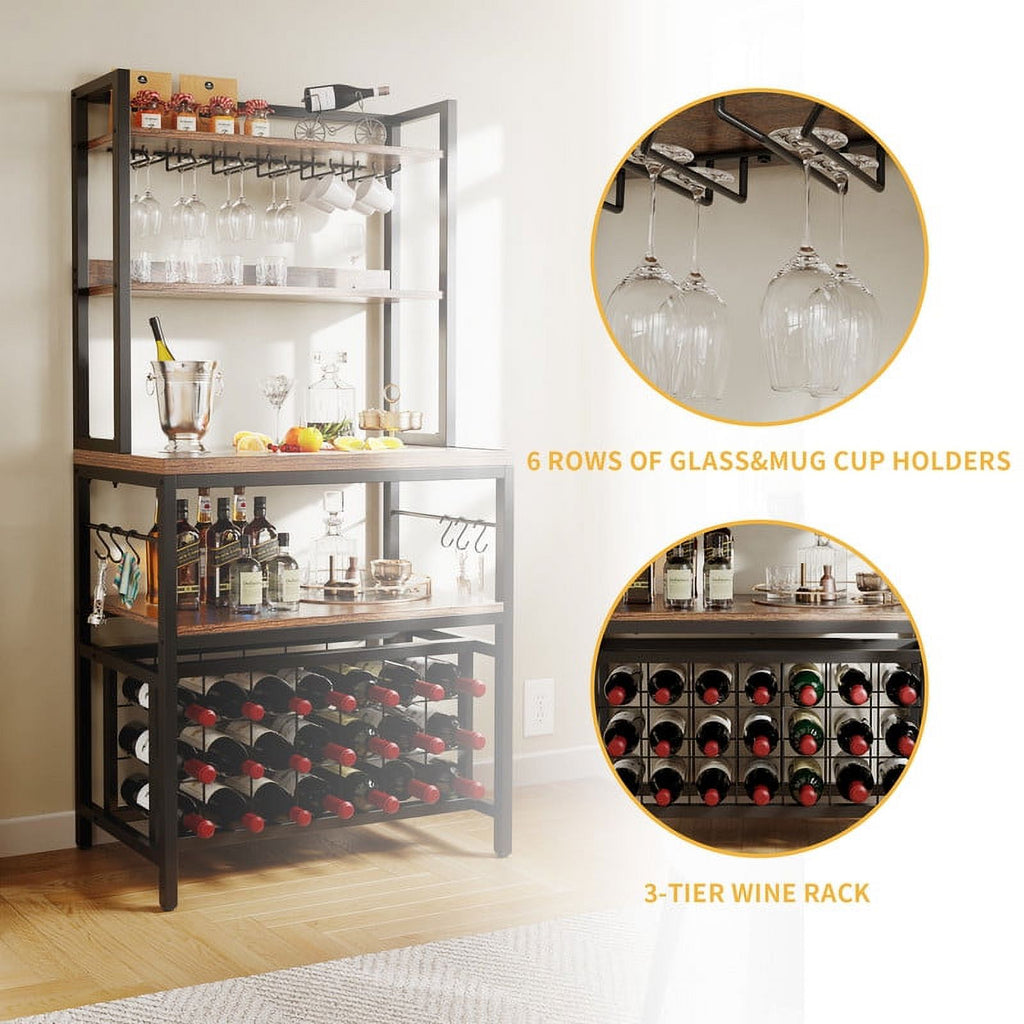 Rustic Brown 4 Tier Coffee Bar Station with Wine Rack and Power Outlet C3751