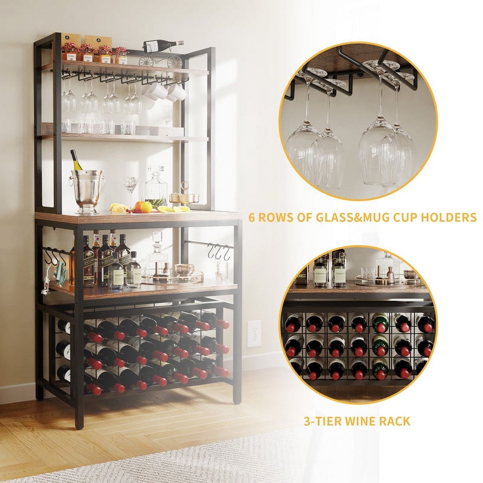 Rustic Brown 4 Tier Coffee Bar Station with Wine Rack and Power Outlet C3751