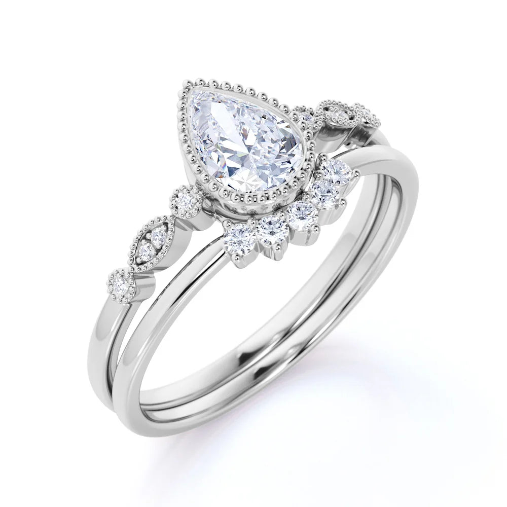 Vintage Pear Shaped Real Diamond Bezel Set Wedding Ring Set in 10k White Gold U829