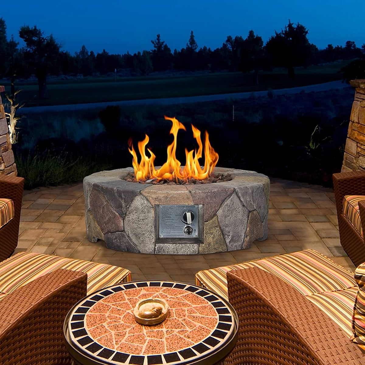 Cyan & Grey 28 Inch Round Gas Fire Pit Table with Lava Rocks N309