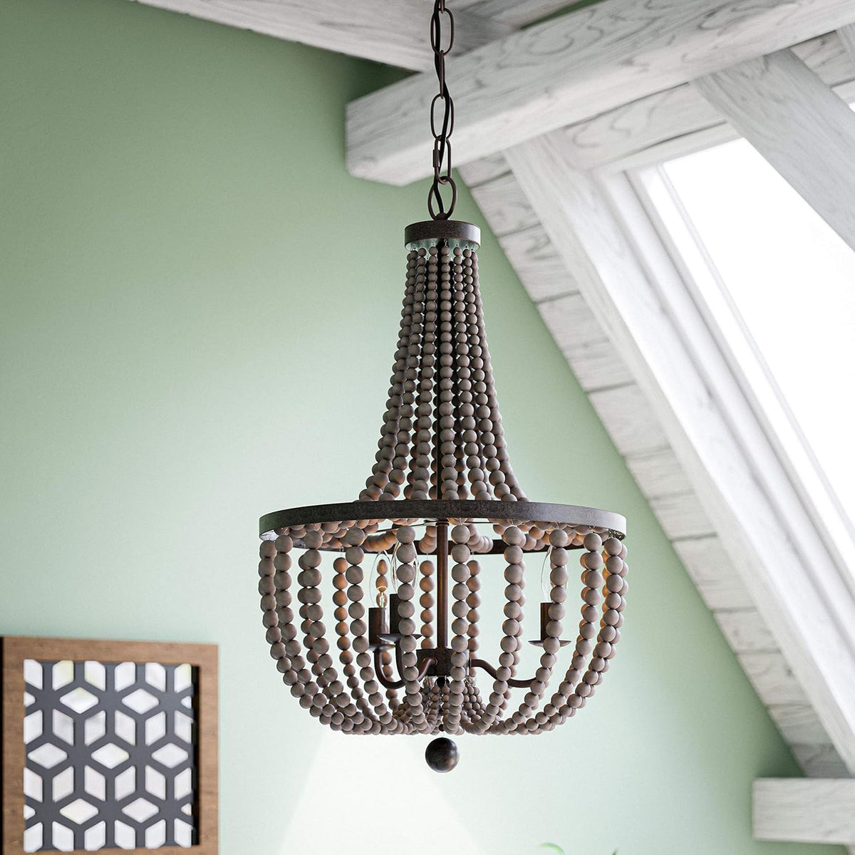 Wood Bead Chandelier, 28 Inch Height, 16 Inch Diameter, Golden Bronze Finish H324