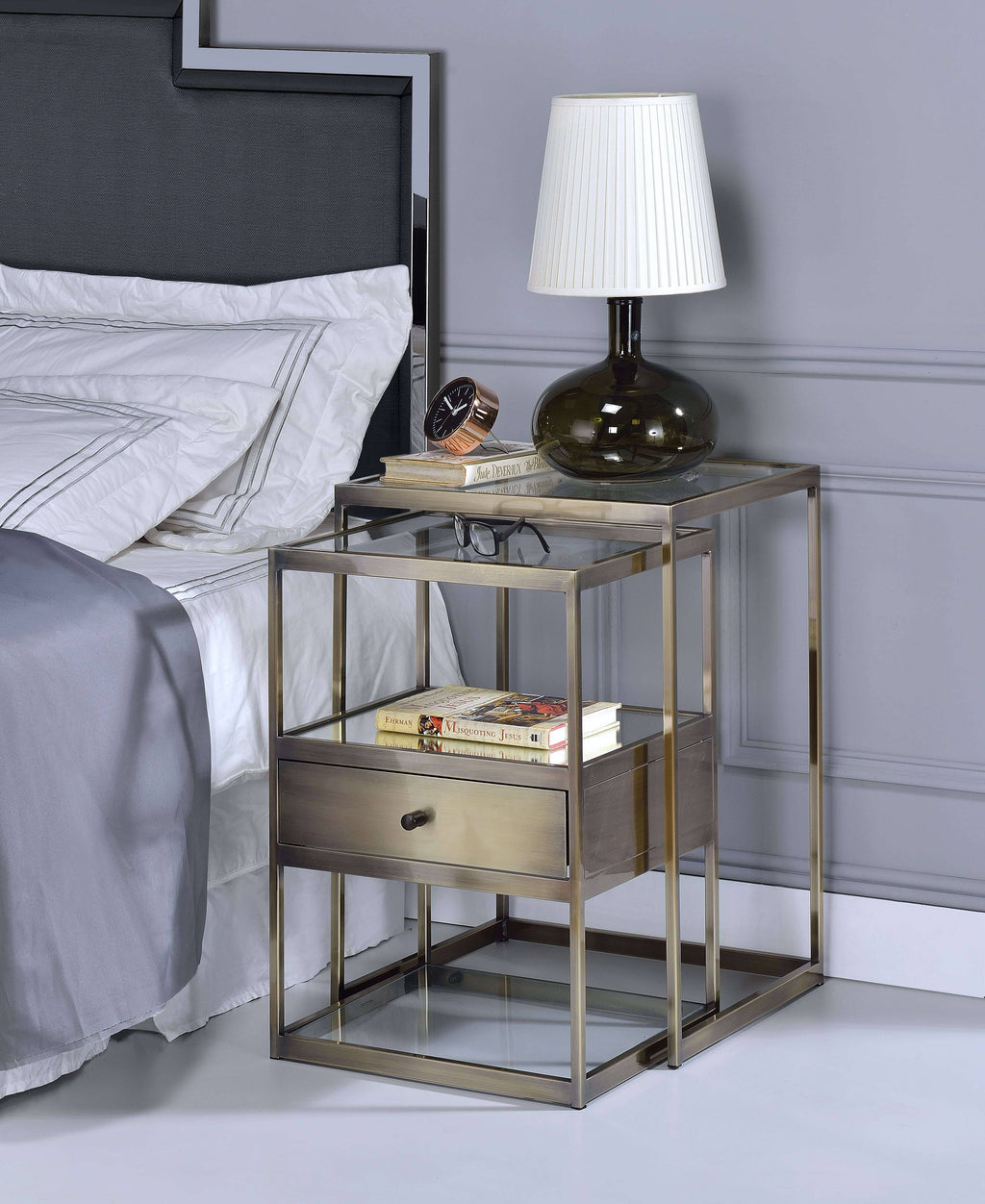 2 Piece Nesting Tables Set Antique Brass Clear Glass O785044